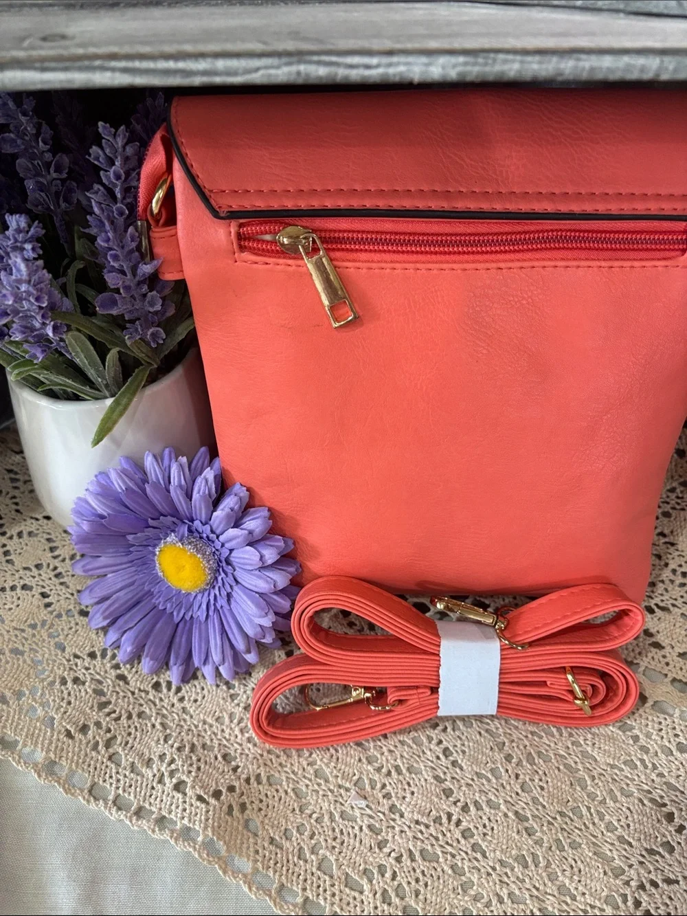 Coral Laser-Cut Crossbody Bag with Adjustable Strap